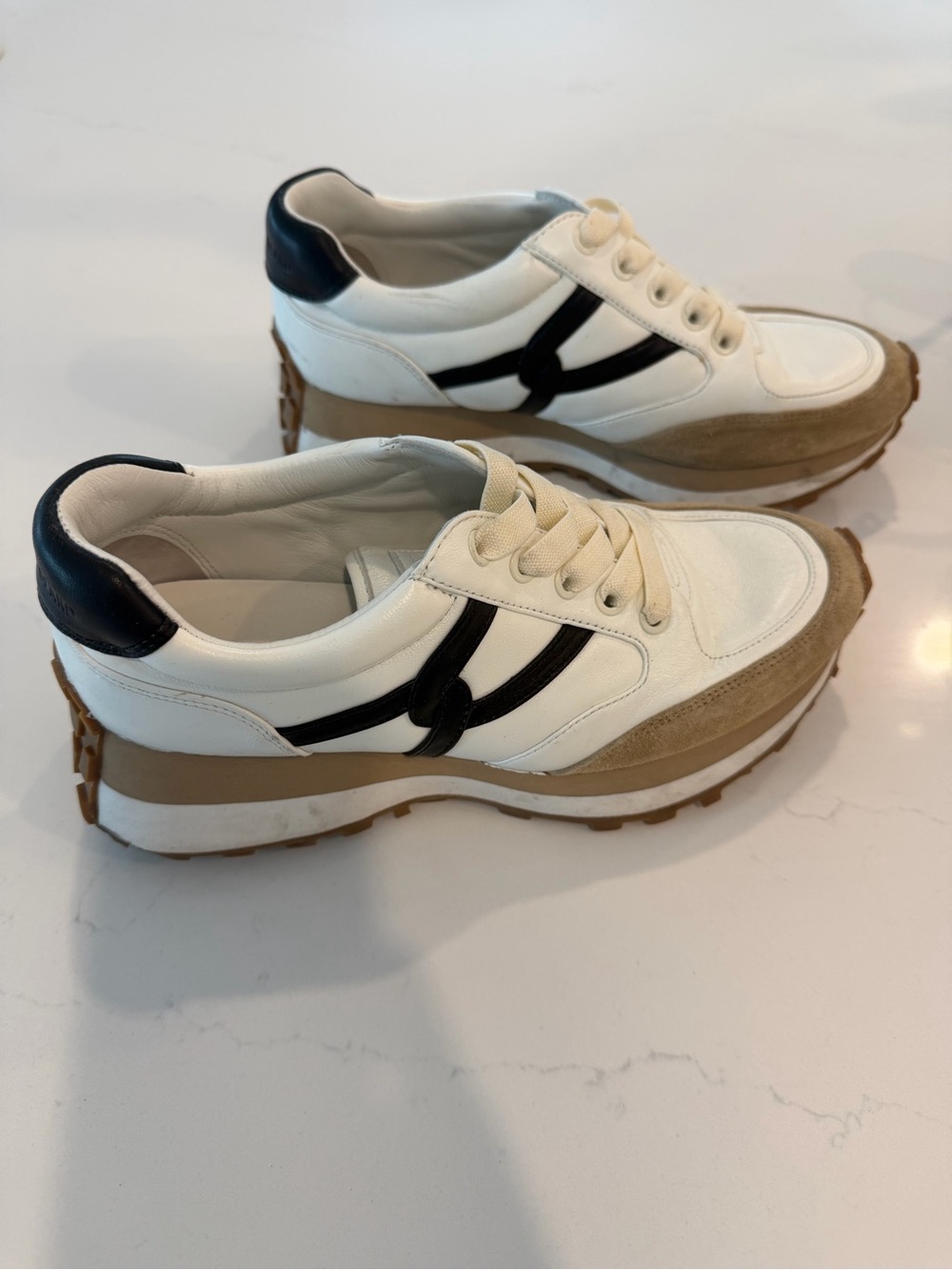 Veronica Beard Valentina White, Tan and Black Leather Platform Sneakers